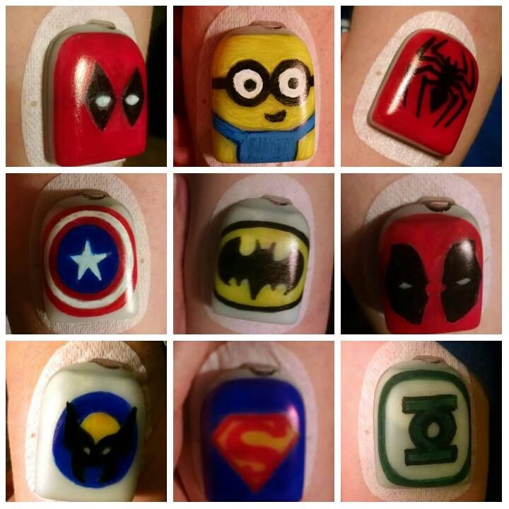 A collage of pictures of different superhero stickers on a person 's arm