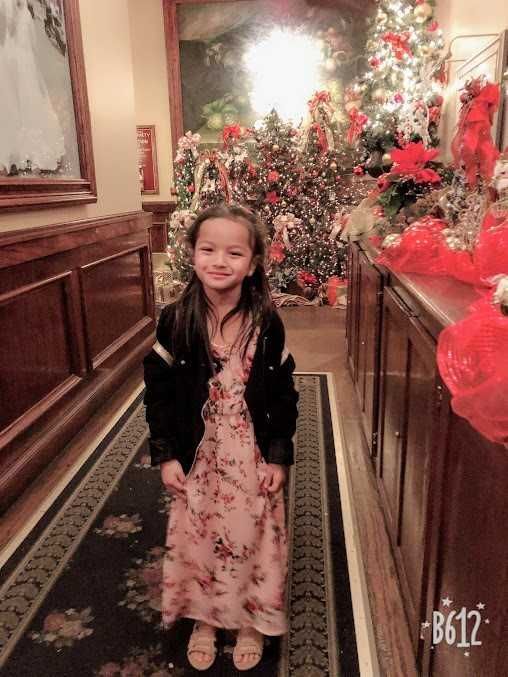 A little girl is standing in a hallway with christmas trees in the background.