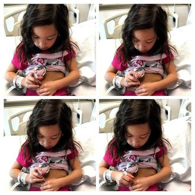 Four pictures of a little girl in a hospital bed