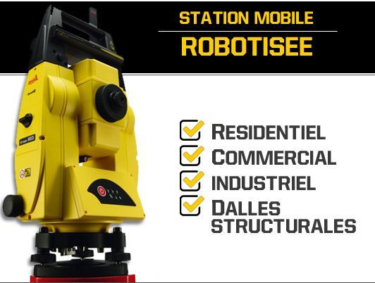 Instrument de topographie robotisé jaune avec dalles résidentielles, commerciales, industrielles et structurelles vérifiées.