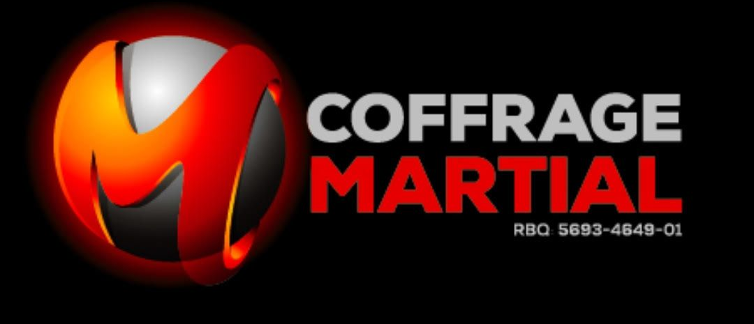 Logo : Un « M » rouge à l'intérieur d'une sphère blanche/grise, texte « COFFRAGE MARTIAL » et numéro d'immatriculation sur fond noir.