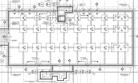 Plan architectural montrant le schéma électrique d'un bâtiment, avec de nombreux luminaires carrés et des détails de câblage.
