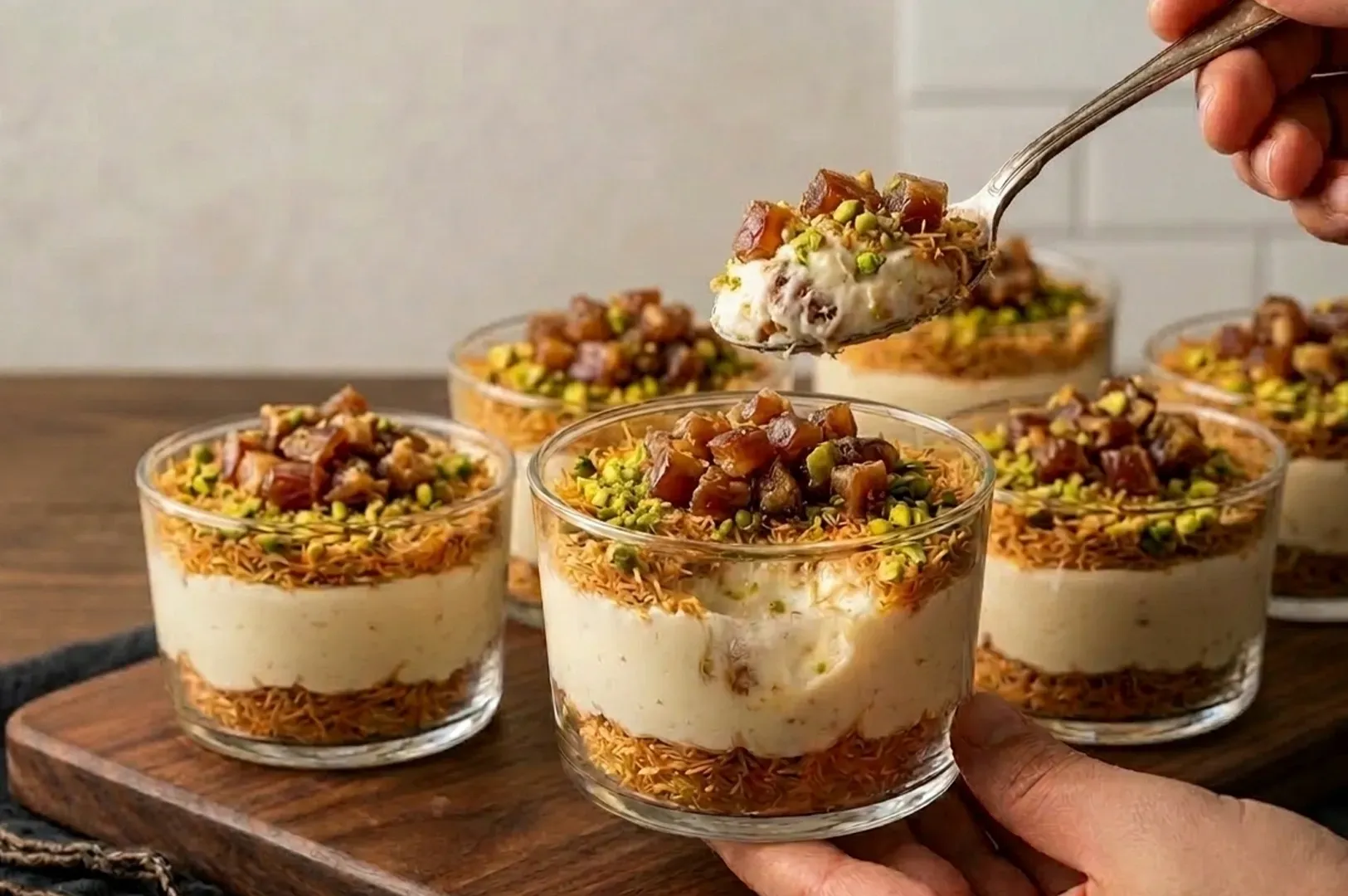 Several finished Creamy Dates Kunafa Cups served in small, clear glass ramekins on a dark wooden serving board. Each cup features distinct layers, starting with a base of golden-brown, toasted kataifi pastry, followed by a thick layer of white cream, and topped with another layer of the crispy pastry. The desserts are garnished with a generous sprinkle of vivid green crushed pistachios and a cluster of chopped, glistening brown dates. In the foreground, a person’s hands are shown holding one of the glasses, while a silver spoon lifts a generous bite from the center, revealing the creamy texture of the filling and the contrasting crunch of the toppings. The background is softly blurred, showing additional cups and a white tiled wall, giving the scene an authentic, lifestyle feel.