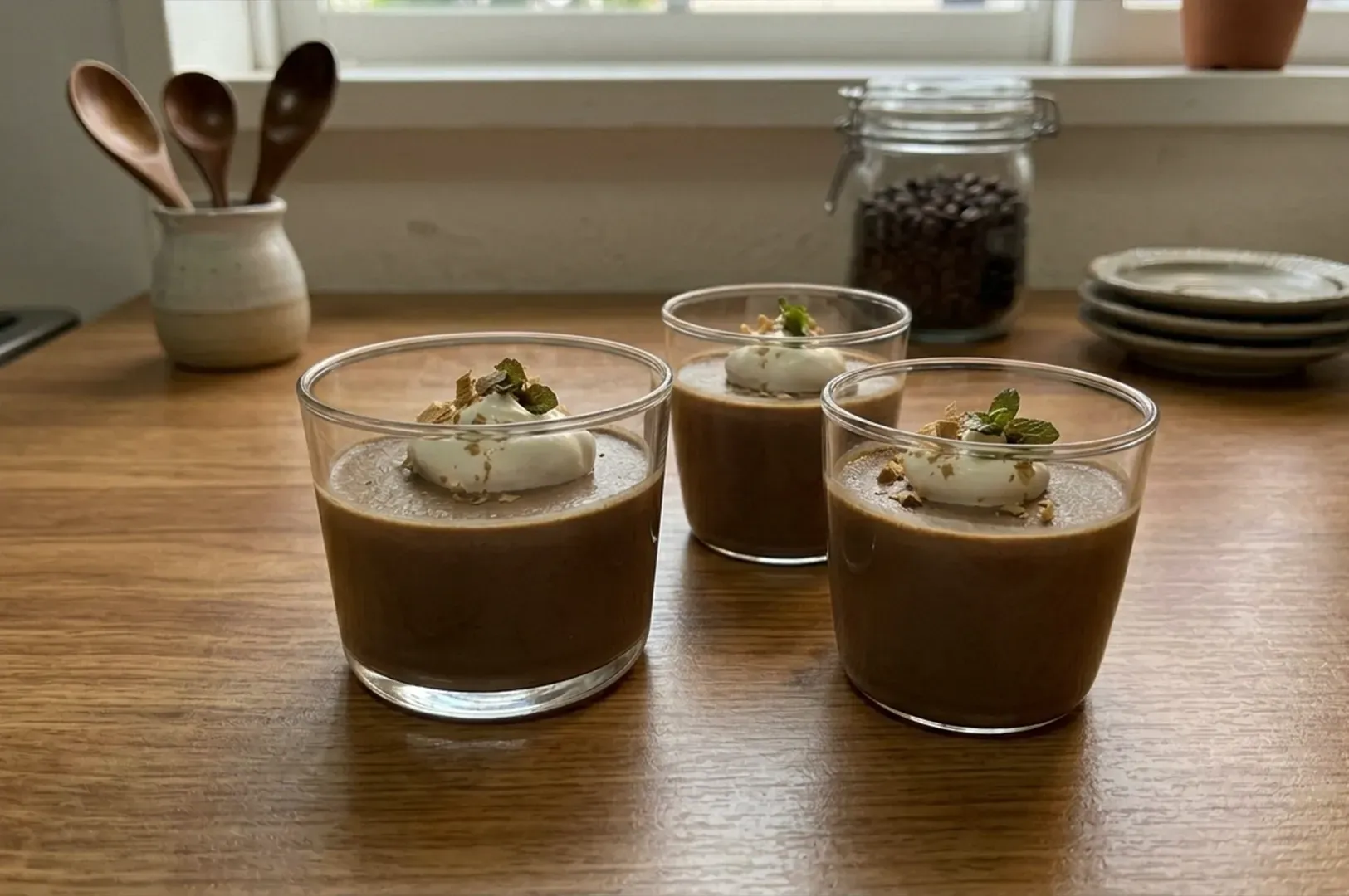 Three chocolate mousse cups topped with whipped cream on a wooden table by a window