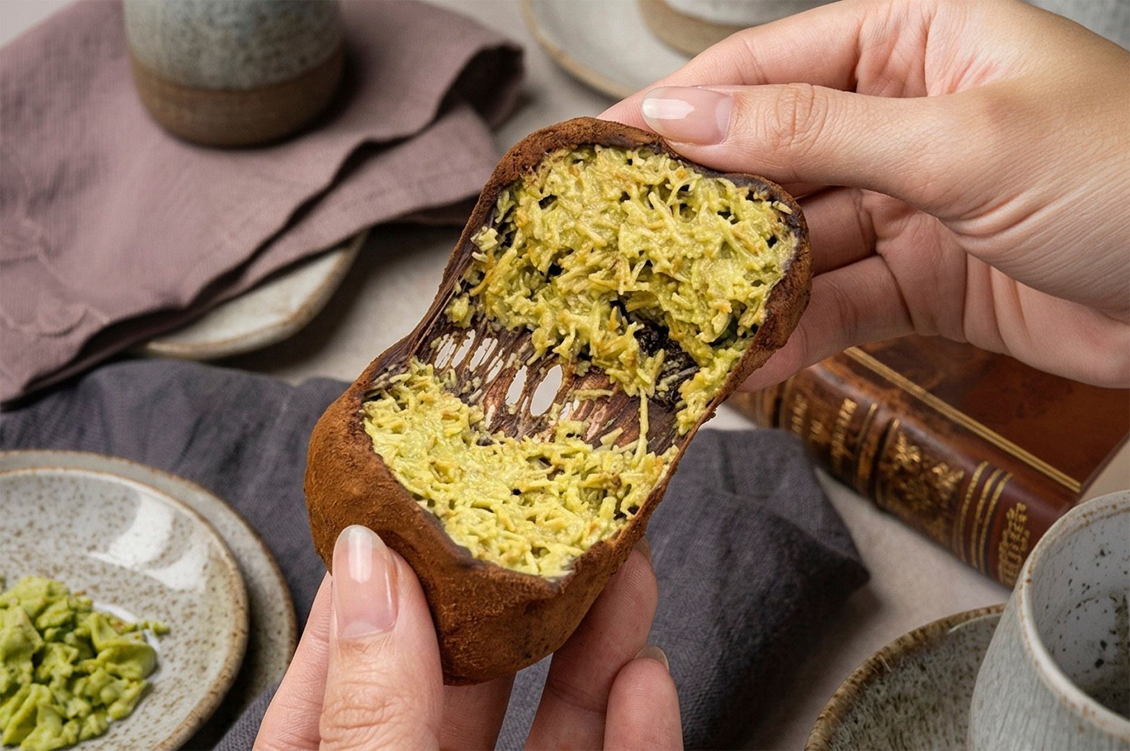 A close-up of a person breaking open a soft chocolate cookie to reveal a gooey, stretchy golden fill