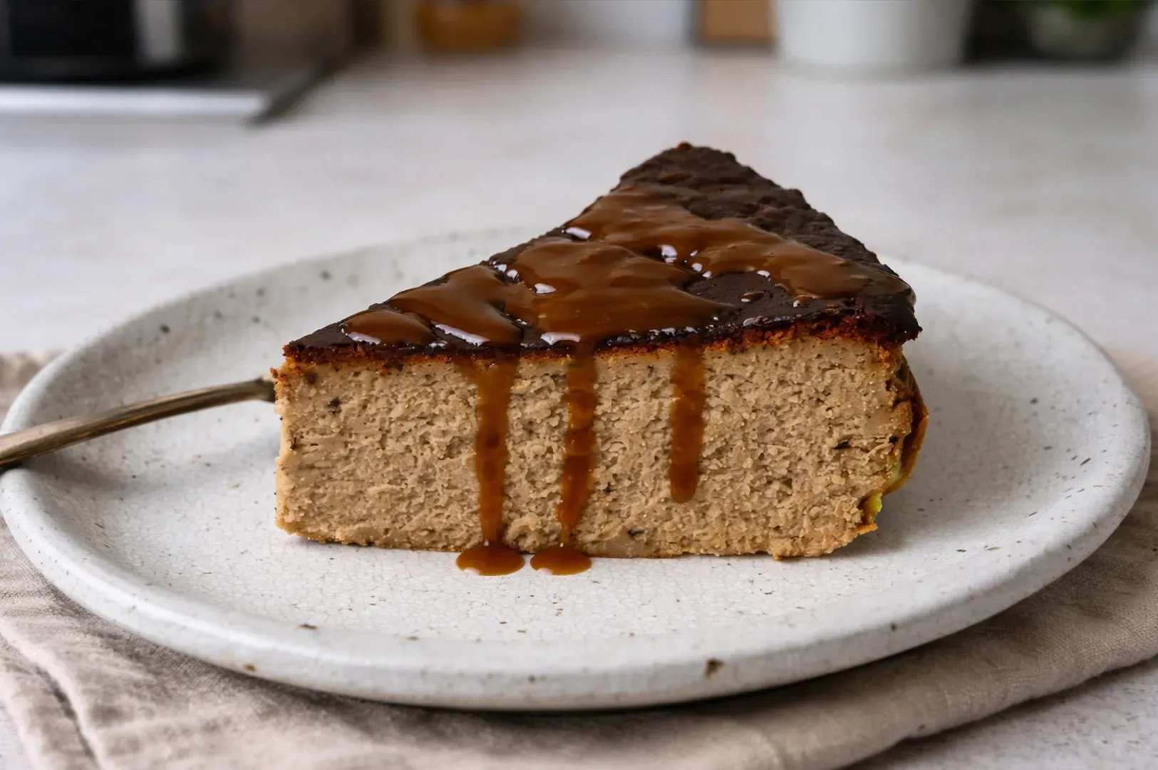 Single slice of Hojicha Basque Cheesecake resting on a speckled, cream-colored ceramic plate. The cheesecake features a deeply caramelized, dark brown