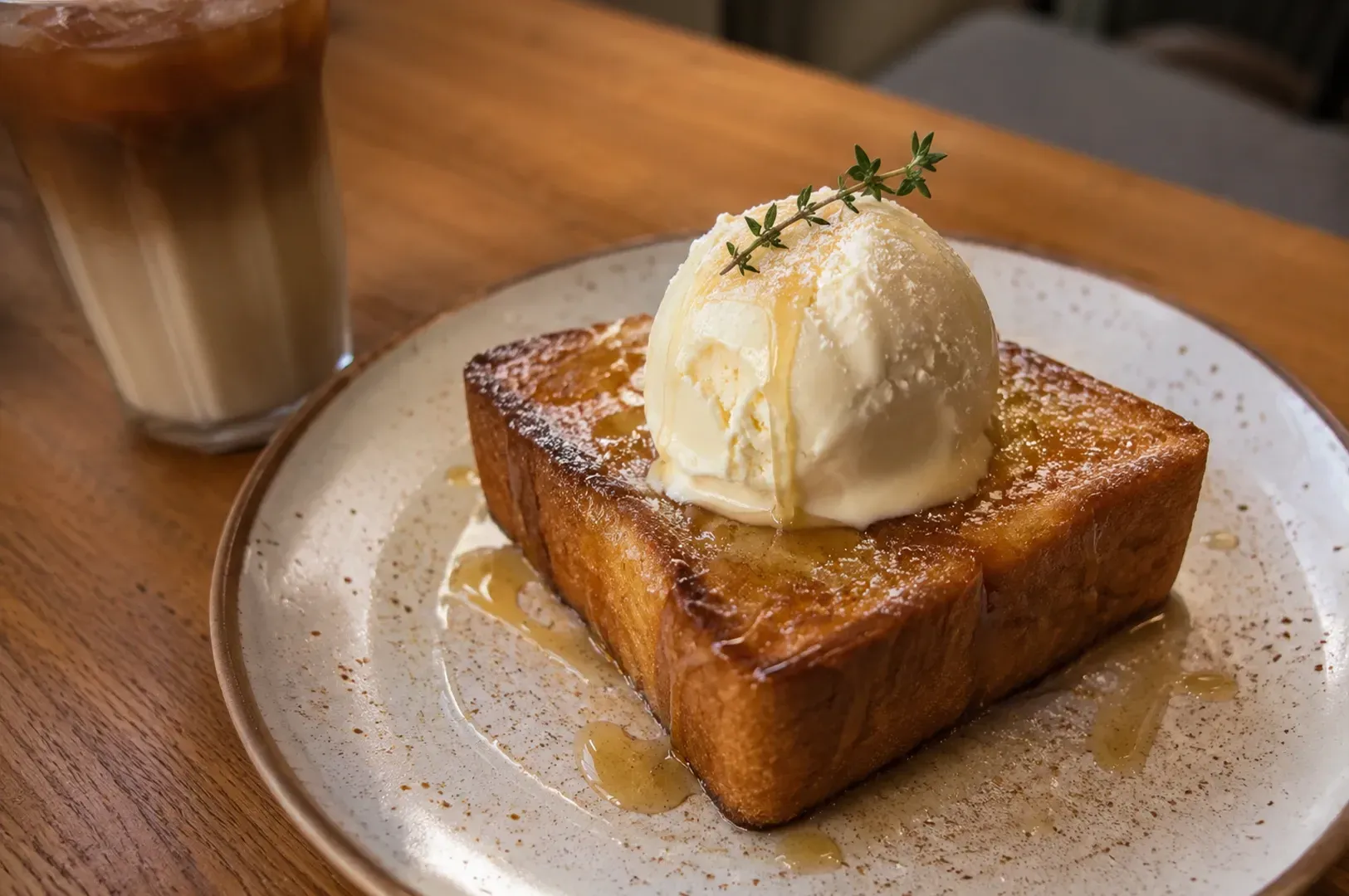 French toast topped with vanilla ice cream and syrup on a white plate on a wooden table