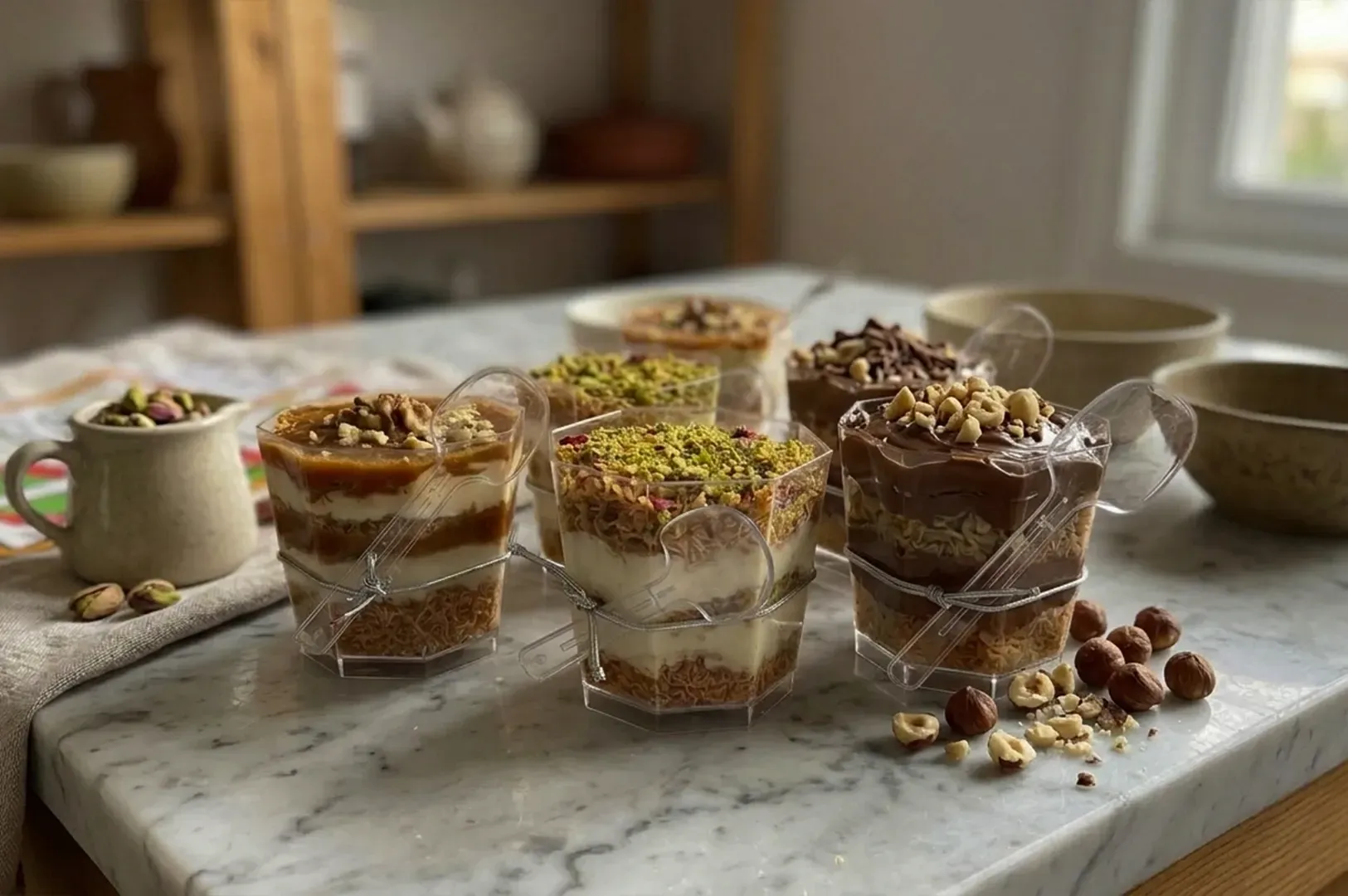 Assorted layered dessert cups topped with nuts on a marble counter in a bright kitchen