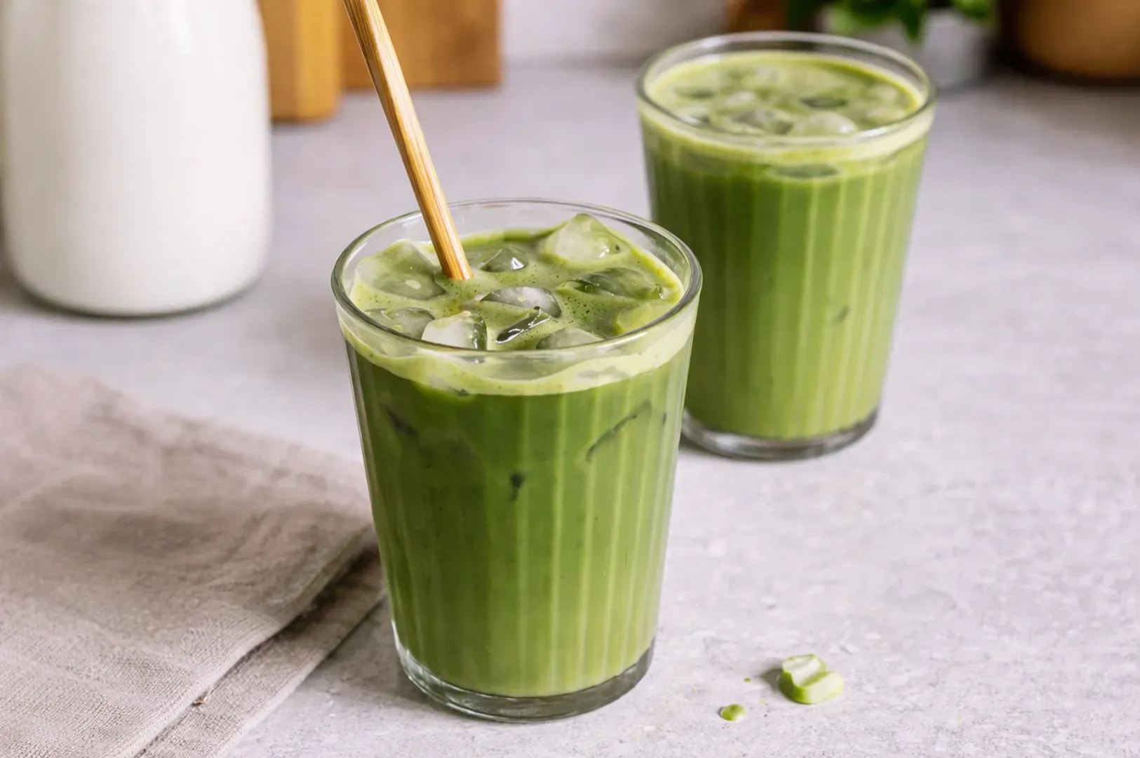 Two glasses of iced matcha latte with a bamboo stirrer on a light gray surface next to a linen cloth.