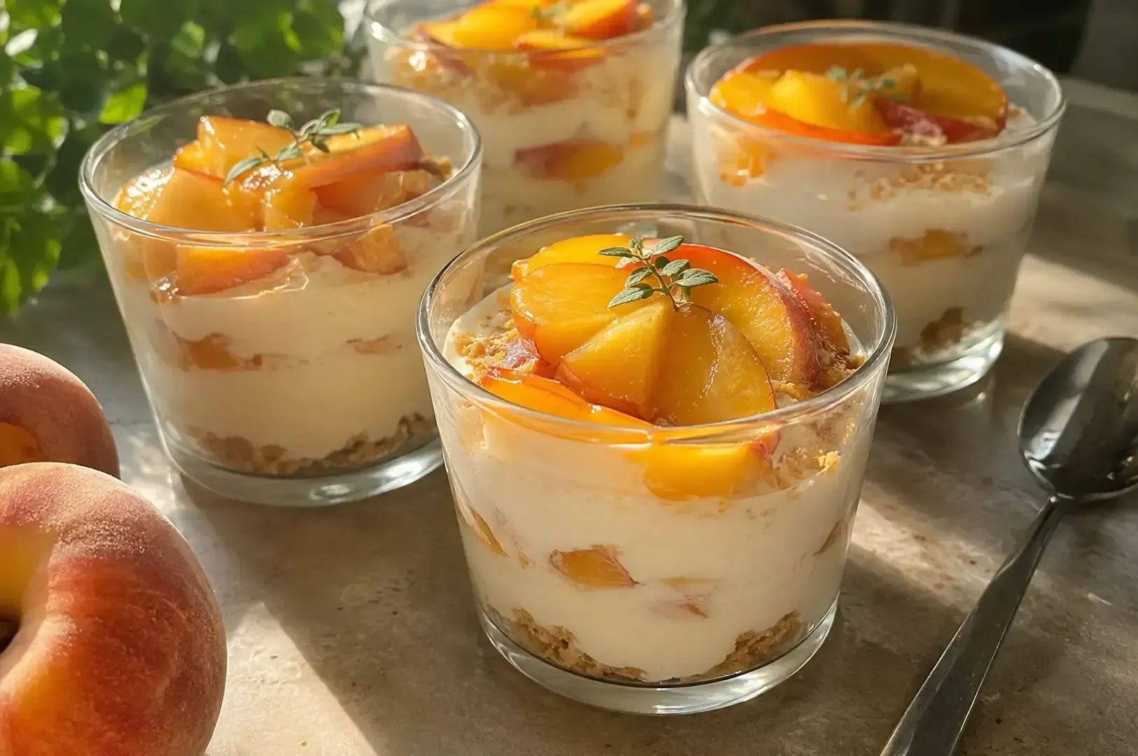 Three glass cups of peach dessert topped with fruit pieces, beside a spoon on a table