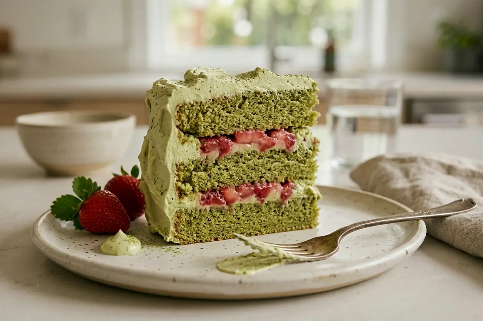A slice of layered green matcha cake with strawberry filling and cream frosting, served on a plate with fresh berries.