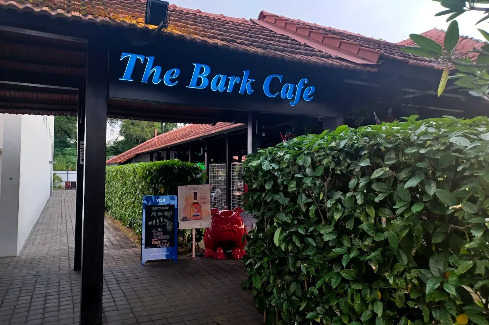The Bari Cafe entrance with blue neon sign, greenery, and red scooter on a paved walkway