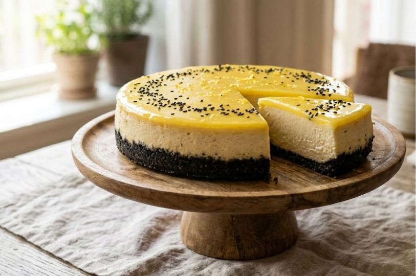 A round yuzu cheesecake with a glossy yellow glaze and black sesame seeds on a wooden pedestal stand