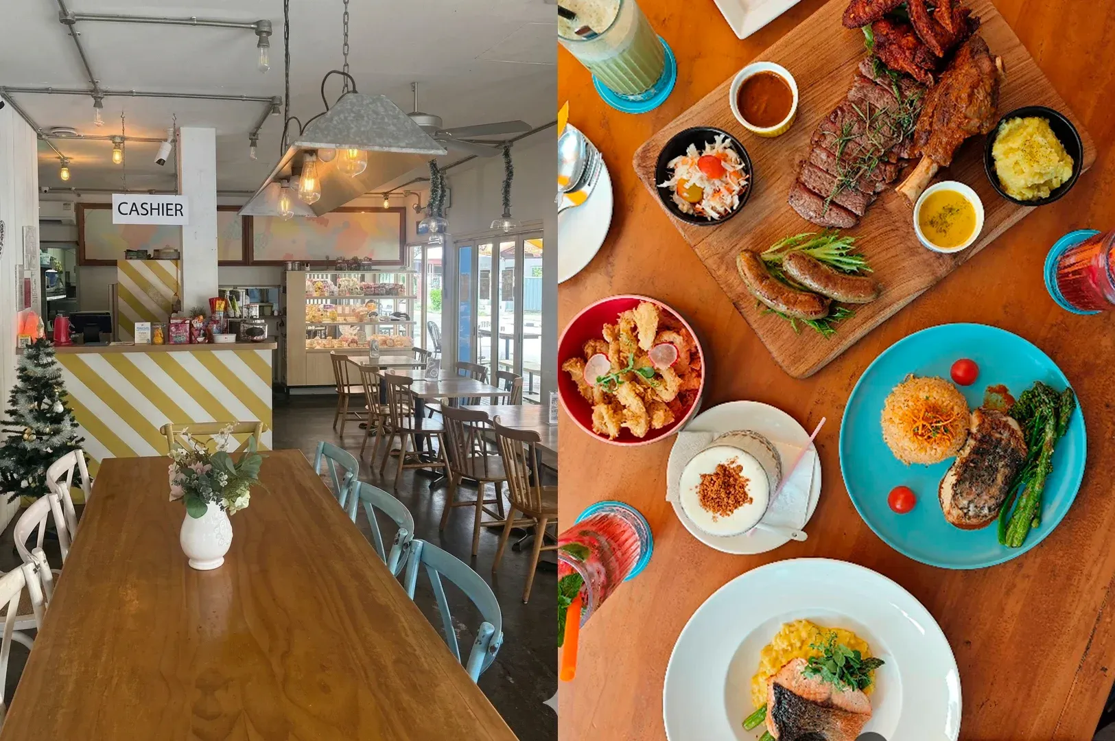 A split-screen image. The left side shows the interior of a bright, rustic-style cafe with light wood tables, a white 