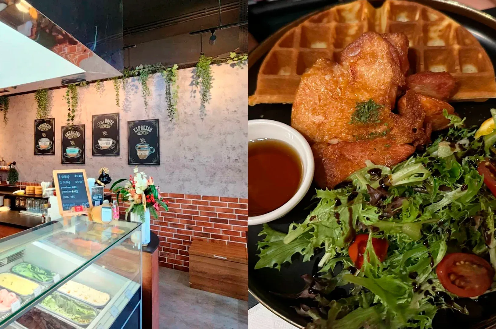 A side-by-side composite image showcases the interior and a signature dish of a cozy, pet-friendly cafe. On the left, the cafe's counter area features a glass display case filled with various colorful gelato flavors, positioned beneath a rustic brick and grey textured wall adorned with hanging faux vines and four vintage-style chalkboard signs illustrating different coffee drinks. A small handwritten menu board rests on the counter next to a vibrant floral arrangement. On the right, a close-up overhead shot displays a plated meal consisting of a golden-brown, crispy fried protein—likely chicken or pork—served alongside a thick, toasted Belgian waffle. The plate is completed with a fresh green side salad drizzled with balsamic glaze and halved cherry tomatoes, accompanied by a small white ramekin of amber-colored syrup.