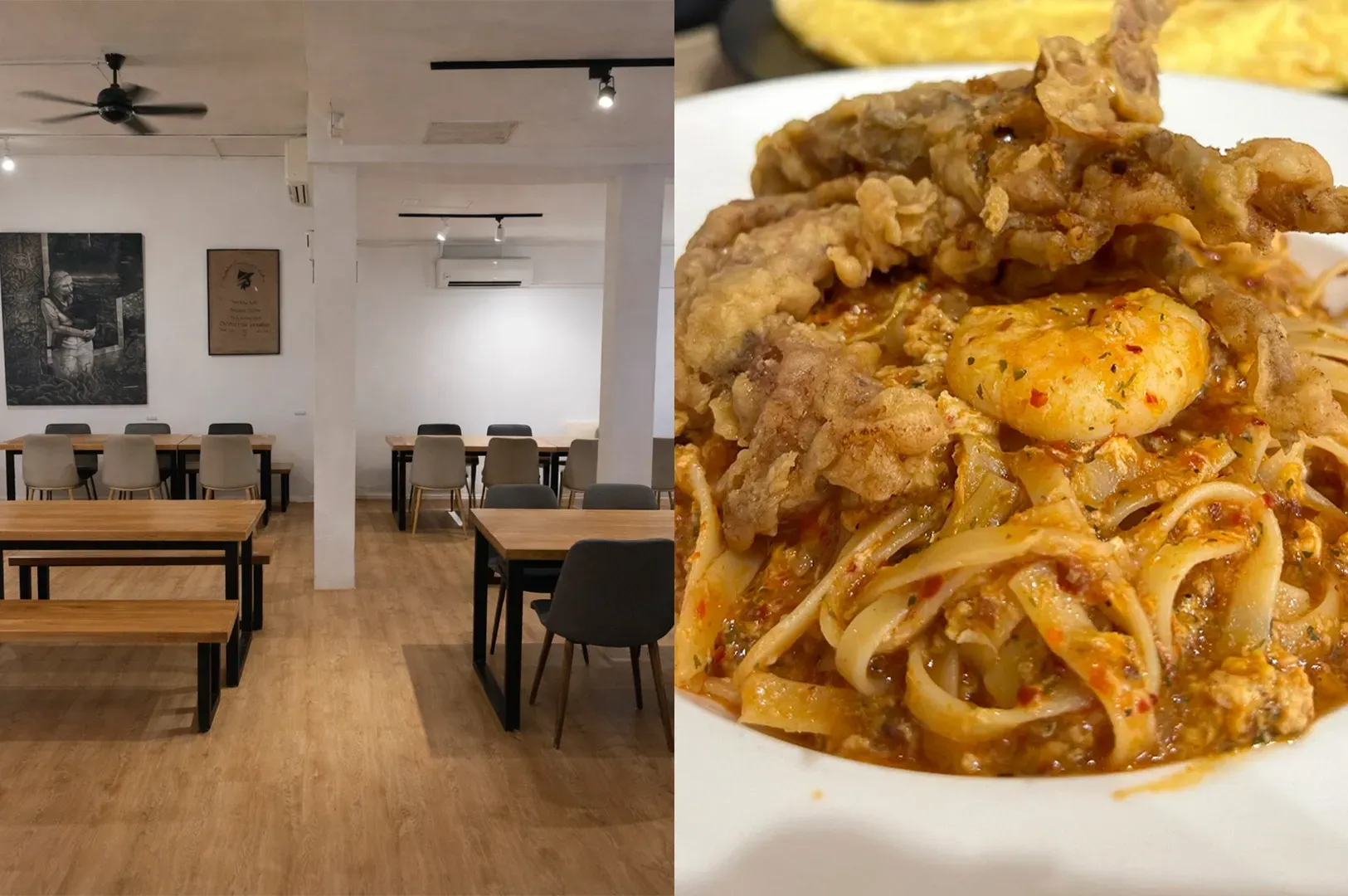 A split-screen image. The left side shows a minimalist cafe interior with light wood flooring, clean white walls, and several wooden tables with grey chairs. The right side is a close-up of a plate of seafood pasta featuring linguine in a rich red sauce, topped with a large prawn and deep-fried soft-shell crab.