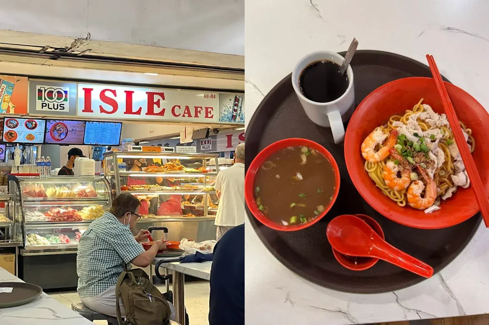 Food court café with soup and rice meal on a tray beside a counter labeled “ISLE CAFE”