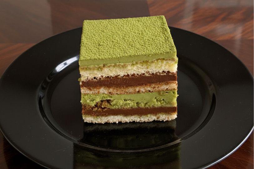 A square slice of multi-layered matcha opera cake, featuring alternating layers of green tea cream, chocolate ganache, and light sponge cake, topped with a dusting of matcha powder and served on a black plate.