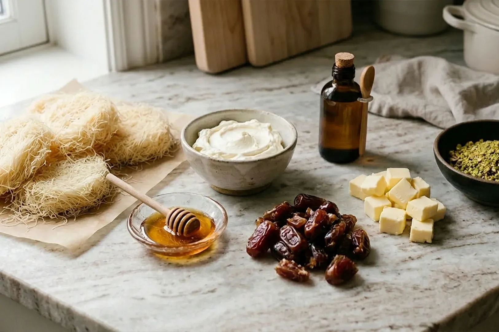 Flat-lay, high-angle shot of various ingredients for Creamy Dates Kunafa Cups arranged on a light grey marble countertop. On the left, a stack of shredded kataifi pastry nests rests on a piece of parchment paper. Towards the center, a rustic ceramic bowl is filled with a thick, smooth white cream, likely ashta or sweetened cream cheese. In front of it sits a pile of whole, pitted brown dates and a small glass dish containing golden honey with a wooden dipper resting inside. To the right, there are neat cubes of pale yellow butter and a dark ceramic bowl filled with bright green crushed pistachios. In the background, a small amber glass bottle with a cork stopper and a wooden spoon, along with two wooden cutting boards leaning against a white wall, complete the kitchen scene, which is illuminated by soft, natural light from a nearby window.