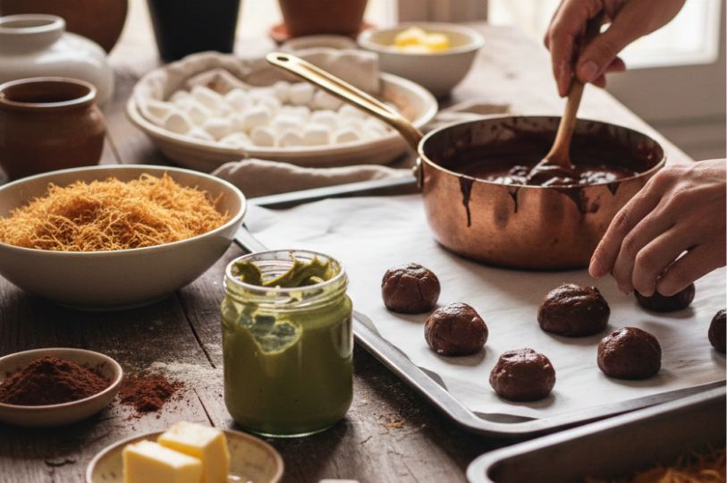 A rustic kitchen counter featuring baking ingredients like a jar of pistachio cream, a bowl of toasted shredded kataifi, and butter, alongside a person placing chocolate cookie dough balls onto a parchment-lined baking sheet.