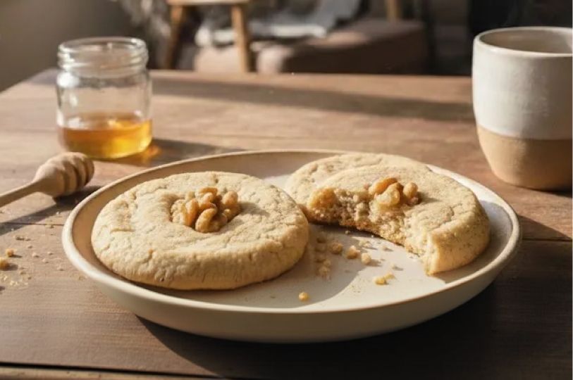 Two large, golden-brown honey walnut cookies rest on a ceramic plate, one with a bite taken out of it. In the soft-lit background, a small jar of honey and a wooden honey dipper sit on a rustic wooden table.
