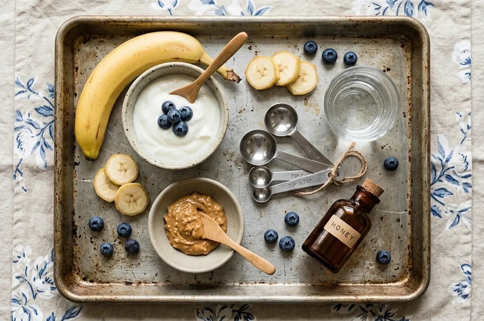 A top-down, overhead view of a weathered metal baking sheet containing various healthy ingredients for a pet-friendly treat. The tray is set against a light-colored floral fabric. On the tray, there is a whole yellow banana, a bowl of white Greek yogurt topped with five blueberries, and a small bowl of creamy peanut butter. Scattered around are several loose blueberries and banana slices. Also on the tray is a glass of water, a small brown apothecary-style bottle labeled 