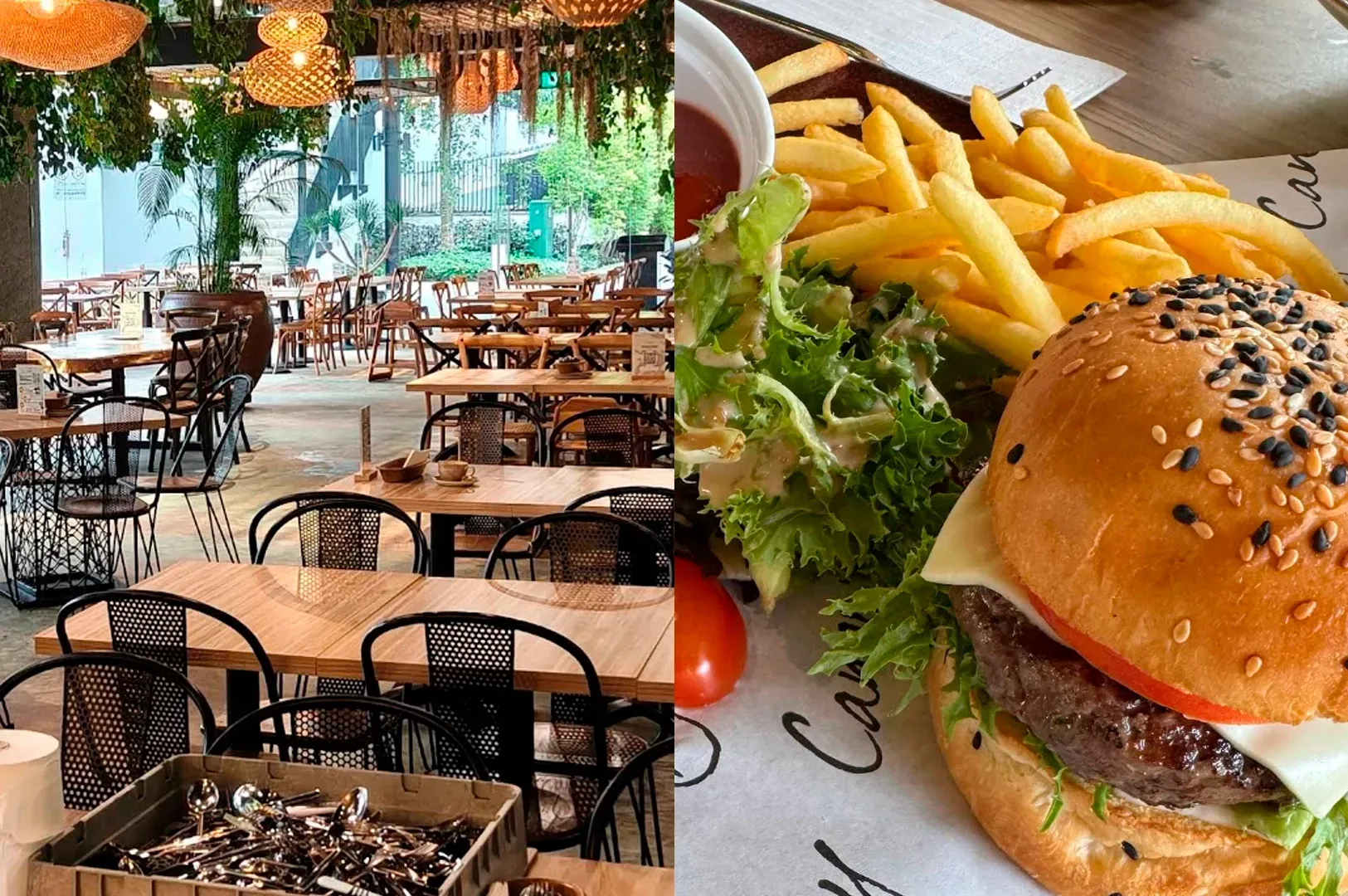 A split-screen image. The left side shows a large, airy outdoor or semi-outdoor dining area with many wooden tables and black wire chairs, decorated with hanging greenery and woven basket lamps. The right side is a close-up of a gourmet cheeseburger with a sesame seed bun, served with a side of golden French fries and a fresh green salad.