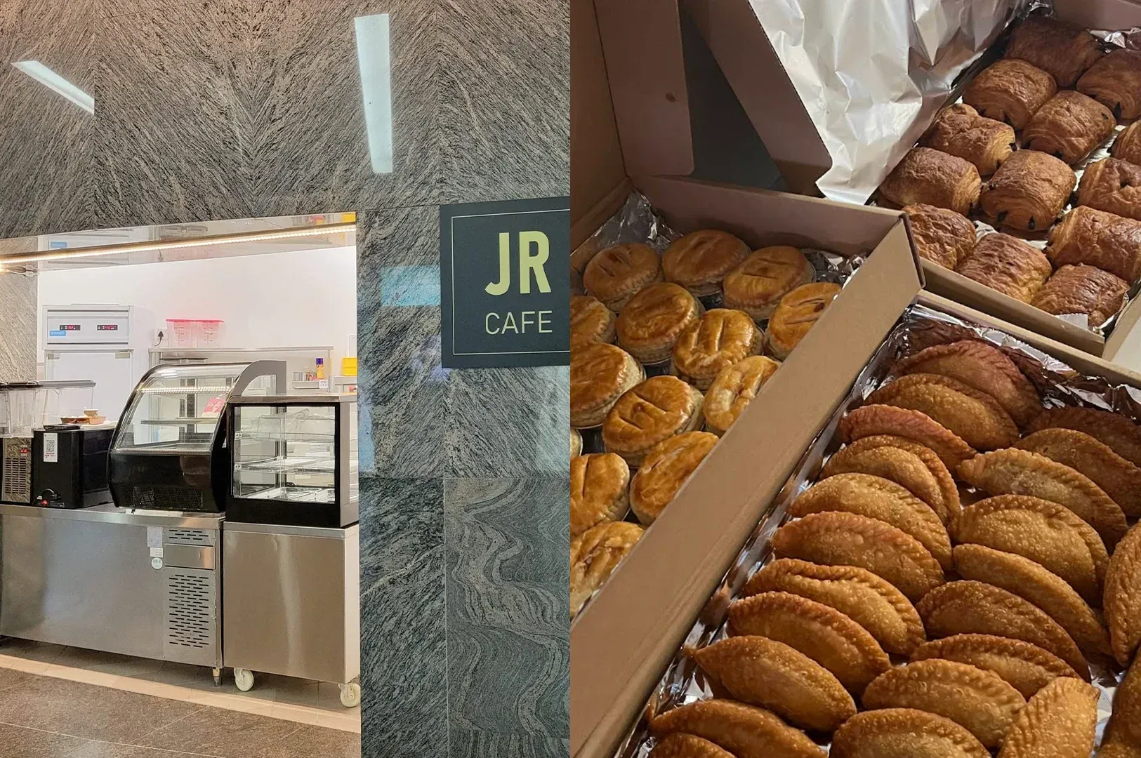 JR Café bakery display with pastries and a counter inside a shop.