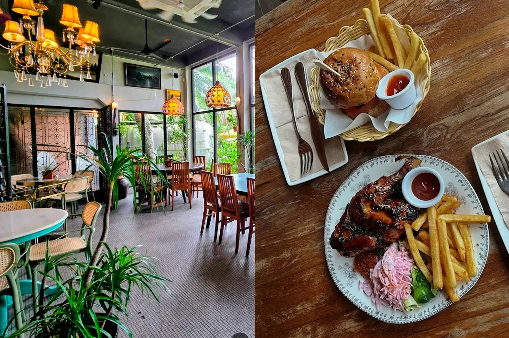A split-screen image. The left side shows a vintage-chic cafe interior with a crystal chandelier, tropical plants, and large windows looking out onto greenery. The right side is a top-down view of a wooden table featuring a burger in a basket and a plate of grilled chicken with fries, coleslaw, and dipping sauce.