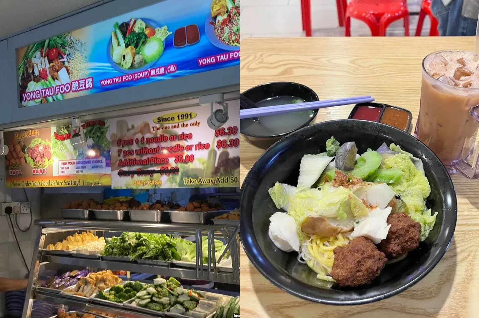 Food stall with Vietnamese dishes, bowls of noodle soup, and a iced drink on a counter.
