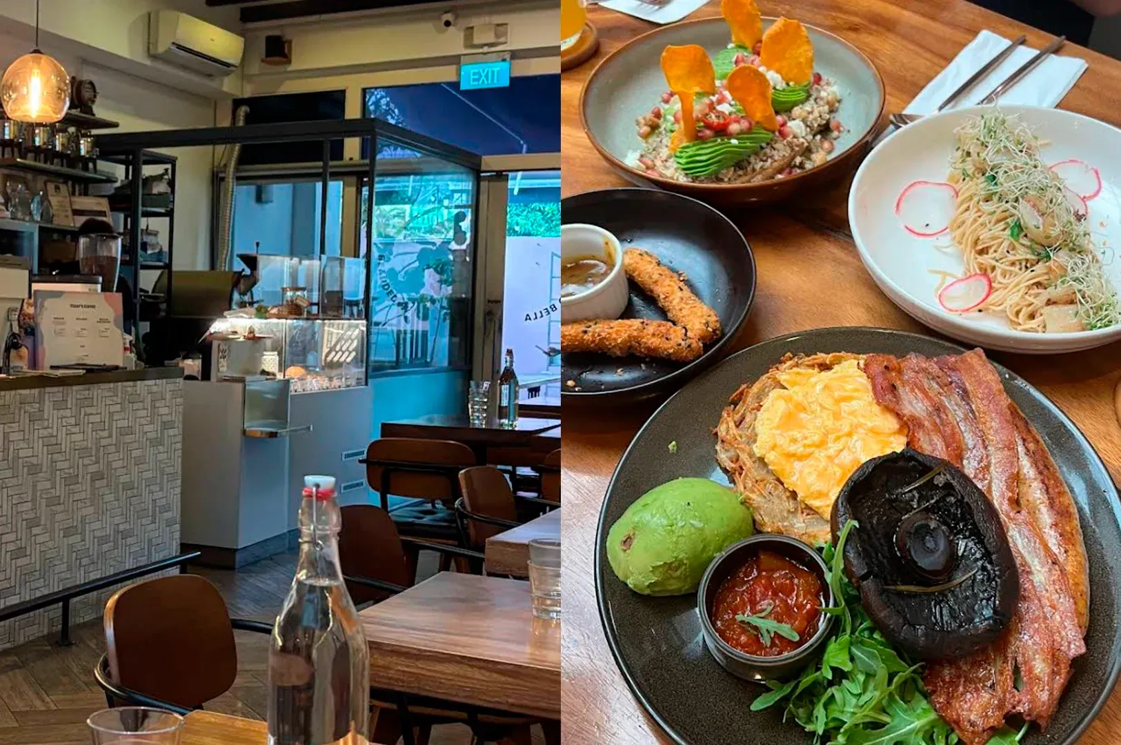 A split-screen image. The left side shows a modern cafe counter with a glass display case and industrial-style lighting. The right side features a spread of brunch dishes on a wooden table, including a plate with thick-cut bacon, a large portobello mushroom, scrambled eggs on a hash brown, and a side of avocado.