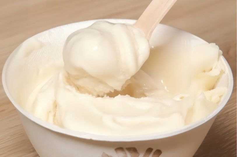 A close-up of a white bowl filled with smooth, creamy tofu ice cream, with a wooden spoon lifting a soft, swirling scoop.