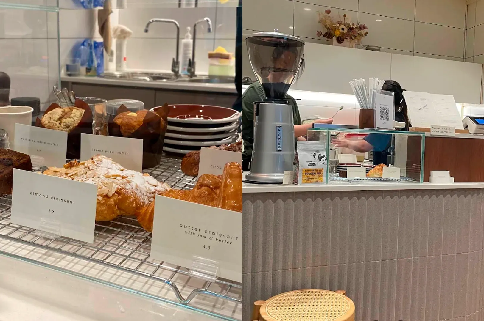 This split-screen captures the refined atmosphere of a contemporary cafe. The left panel provides a close-up of a pastry rack holding golden-brown almond and butter croissants alongside Earl Grey raisin and lemon yuzu muffins, each labeled with minimalist white cards. The right panel showcases the service area, featuring a sleek, fluted grey counter, a professional silver coffee grinder, and a glimpses of the kitchen staff at work. The aesthetic is bright and airy, complemented by a wicker stool and a small bouquet of dried flowers in the background.