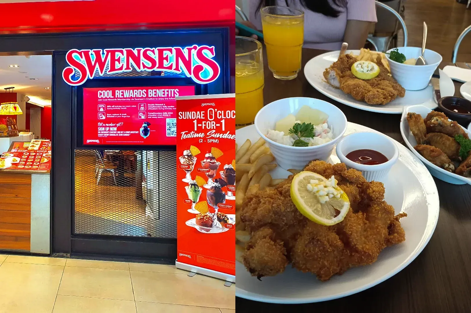 Swensen’s restaurant storefront beside a table of fried chicken, rice, dipping sauce, and drinks