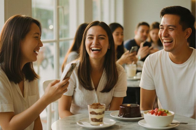 Three friends laughing together at a cafe table with various desserts in front of them.