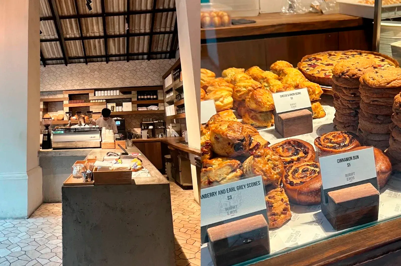 A split-screen image. The left side shows a minimalist coffee bar with a concrete counter and a barista working behind an espresso machine under a corrugated metal ceiling. The right side is a close-up of a bakery display case filled with cinnamon buns, cookies, and various scones labeled 