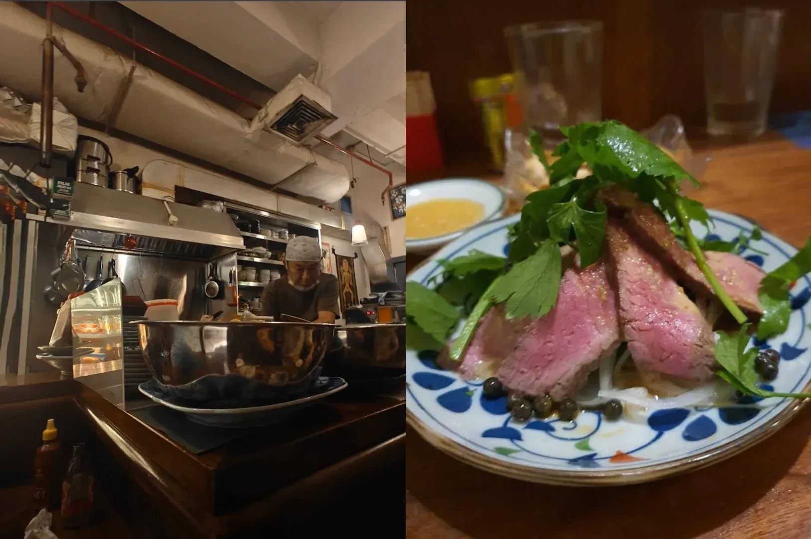 Restaurant bar with chefs cooking on the left and a plated dish topped with greens on the right