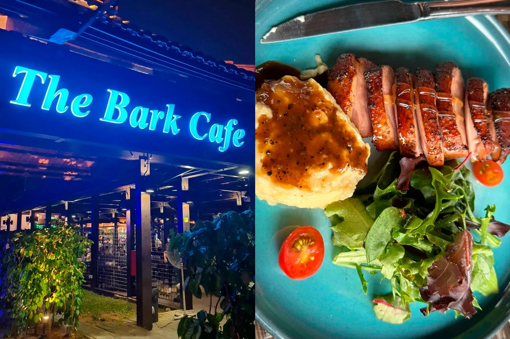 A split-screen image. The left side shows the exterior of 