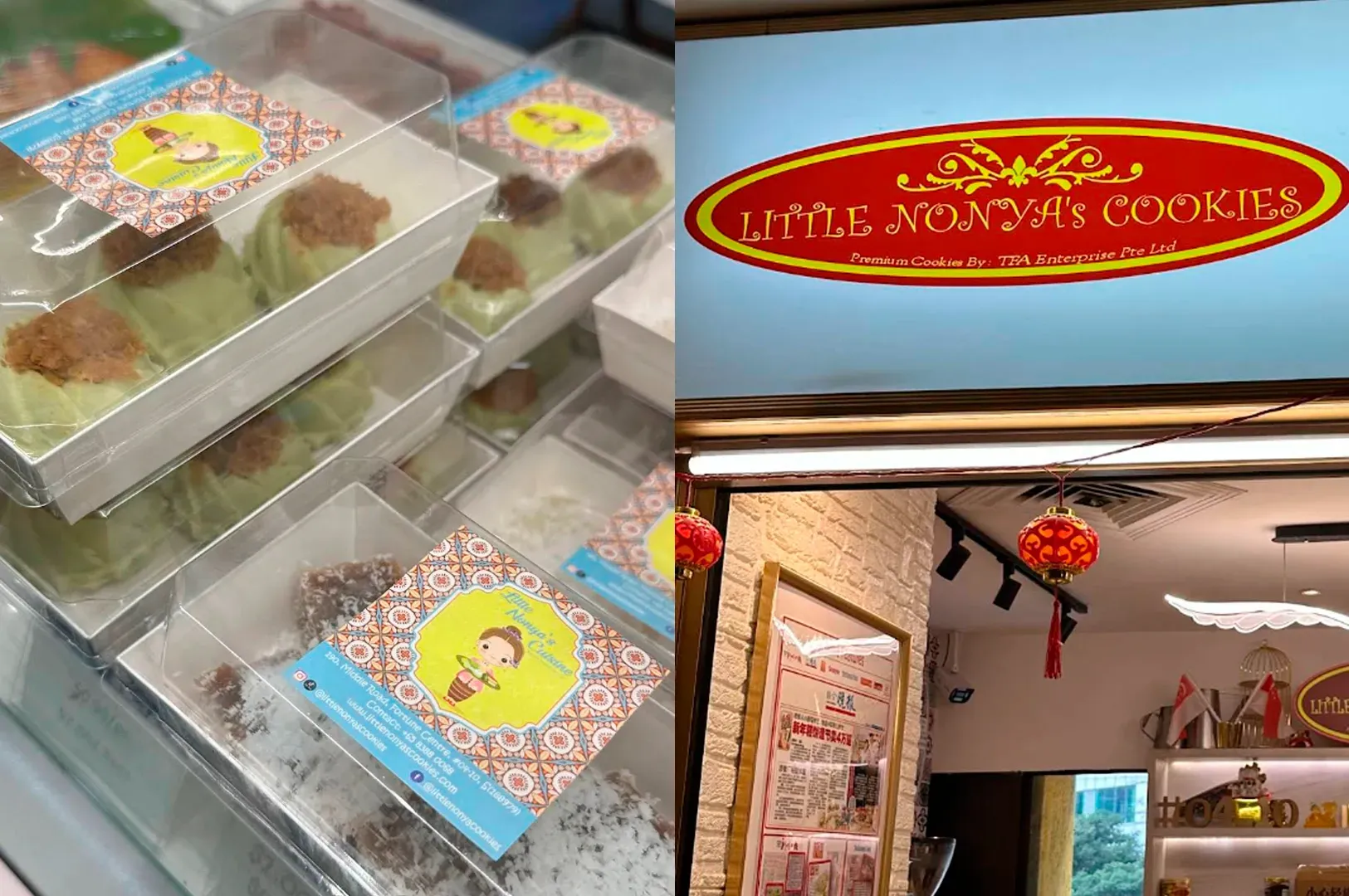 This is a split-screen image focused on a traditional Nonya bakery. The left panel shows several stacked, clear plastic containers filled with green, cup-shaped 'Little Nonya's Cuisine' Kueh pastries, each with a paper base and a topping of shredded, brown, seasoned coconut or peanut. Each container features a colorful sticker with a cartoon illustration of a Peranakan woman and the text: 