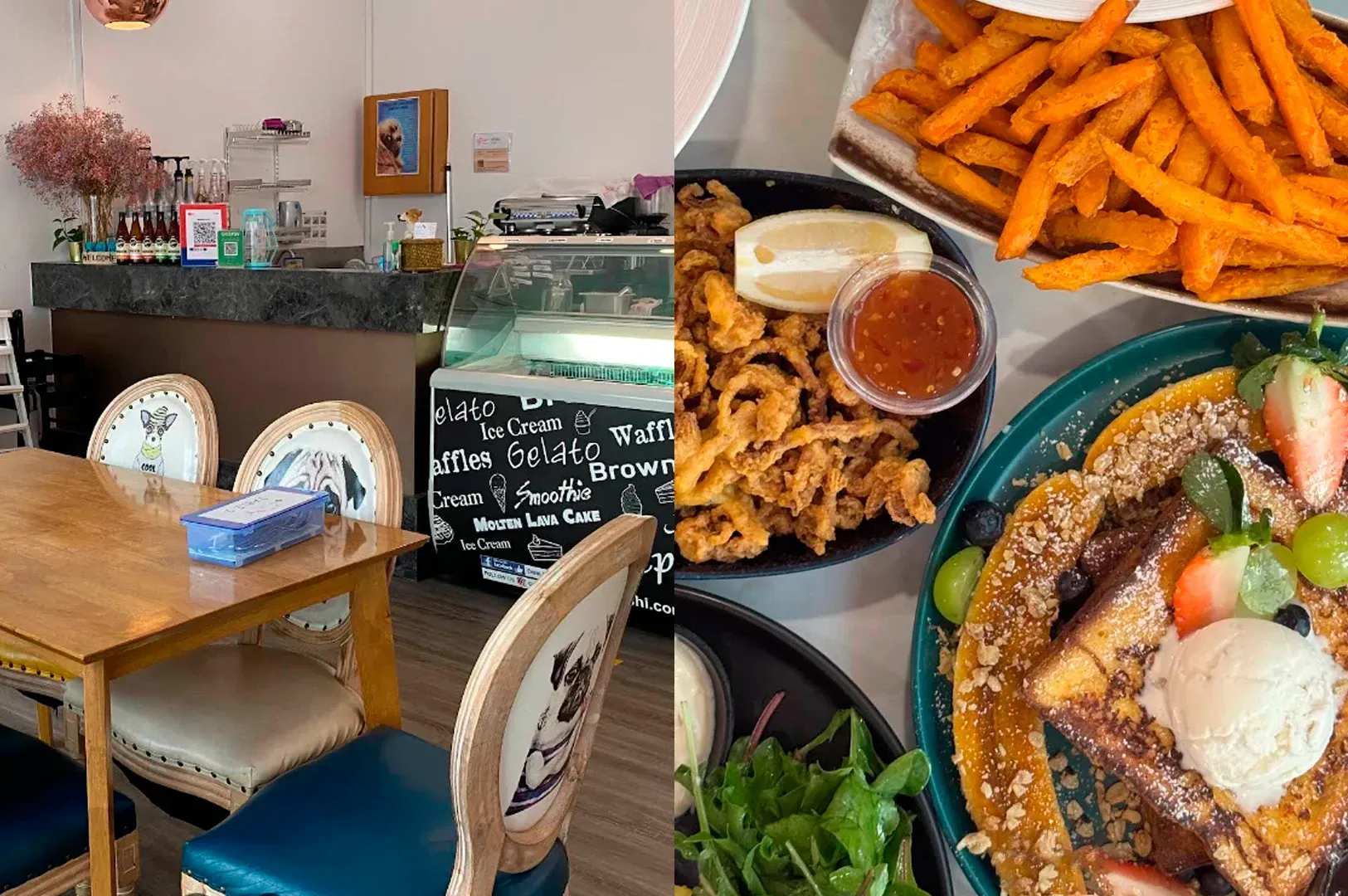 A split-screen image. The left side shows a cafe interior with unique wooden chairs featuring illustrations of dogs (Pugs and Terriers) on the backrests. The right side is a top-down view of various dishes, including sweet potato fries, fried calamari, and French toast topped with vanilla ice cream, granola, and fresh berries.