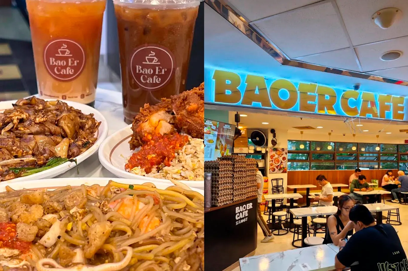 This is a split-screen image showcasing a busy Singaporean cafe. The left panel presents a table-level shot of three distinct dishes and two large plastic cups of iced tea (one orange, one brown, with 