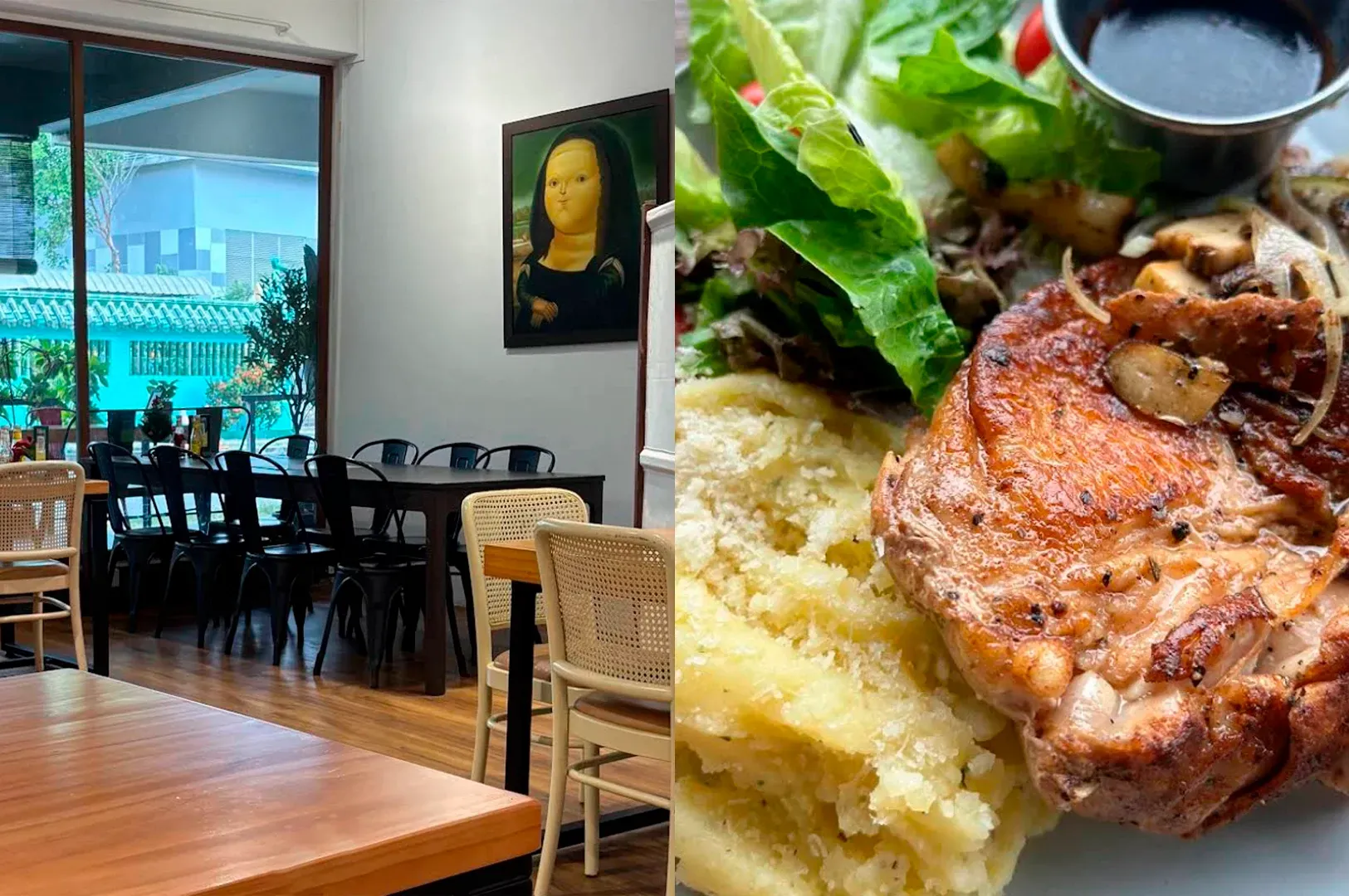 A split-screen image. The left side shows a cafe dining area with black metal chairs and a humorous 