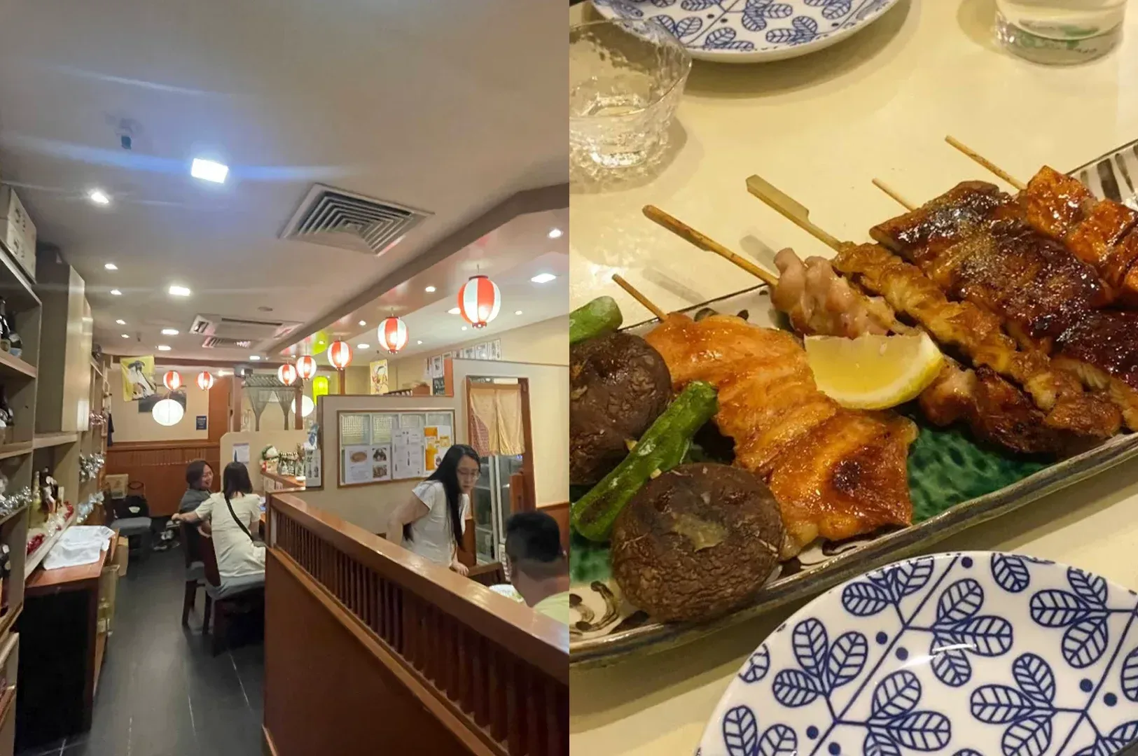 Cozy restaurant interior with diners and a plate of grilled skewers, rice, and lemon on a table