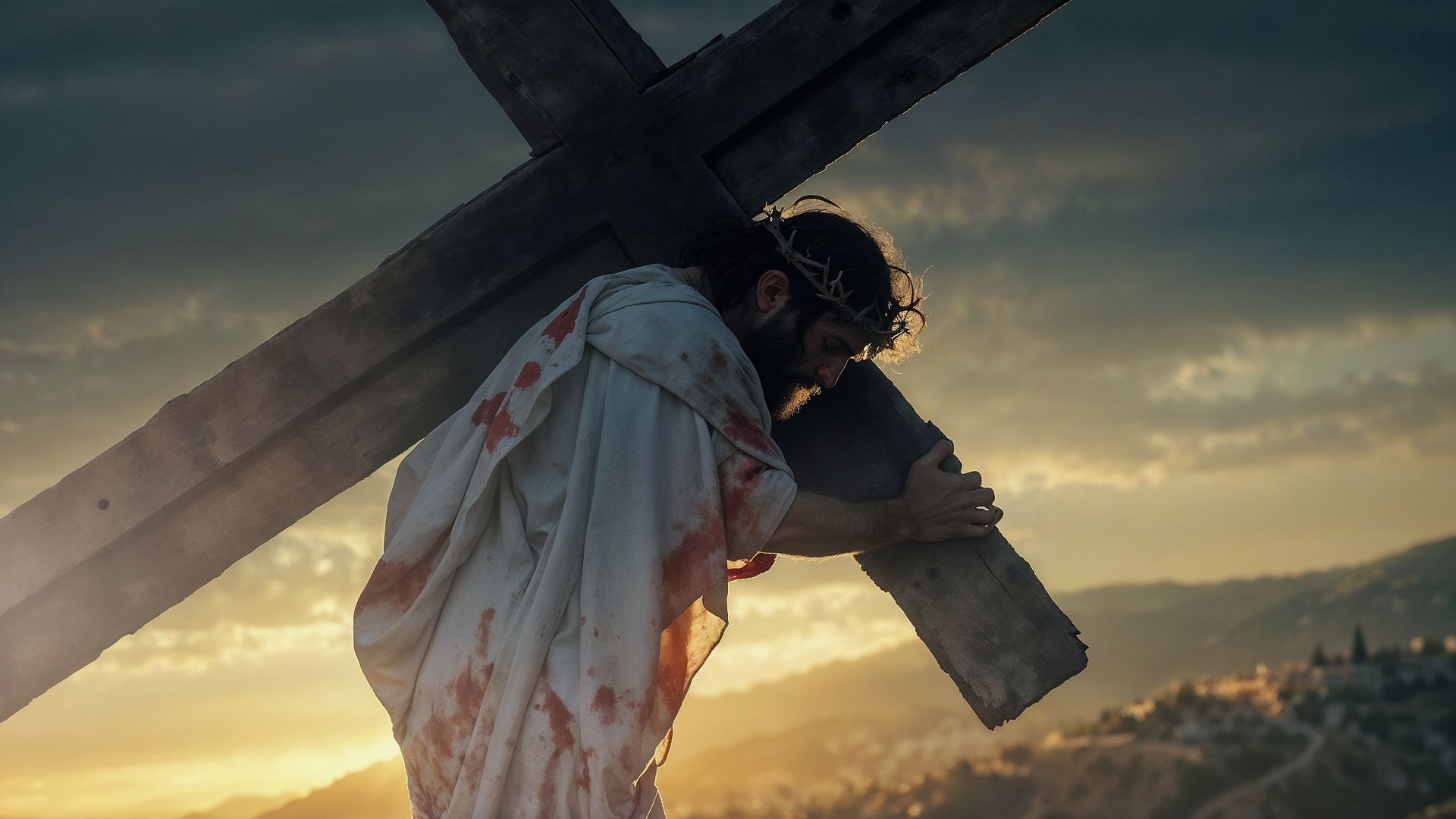 christ carrying a wooden cross
