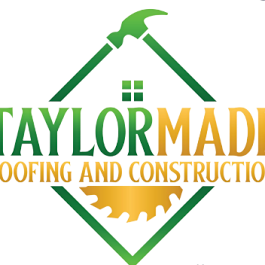 Logo for TaylorMade Roofing and Construction with hammer, saw, and green and gold accents.