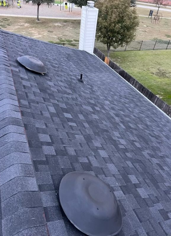 Dark gray shingled roof with two dome vents and a small pipe. A grassy park is in the background.