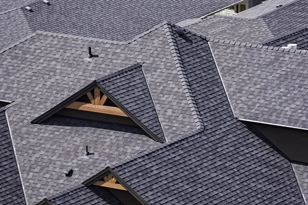 Gray asphalt shingle roofs of multiple buildings, including a triangular gable with exposed wooden beams.