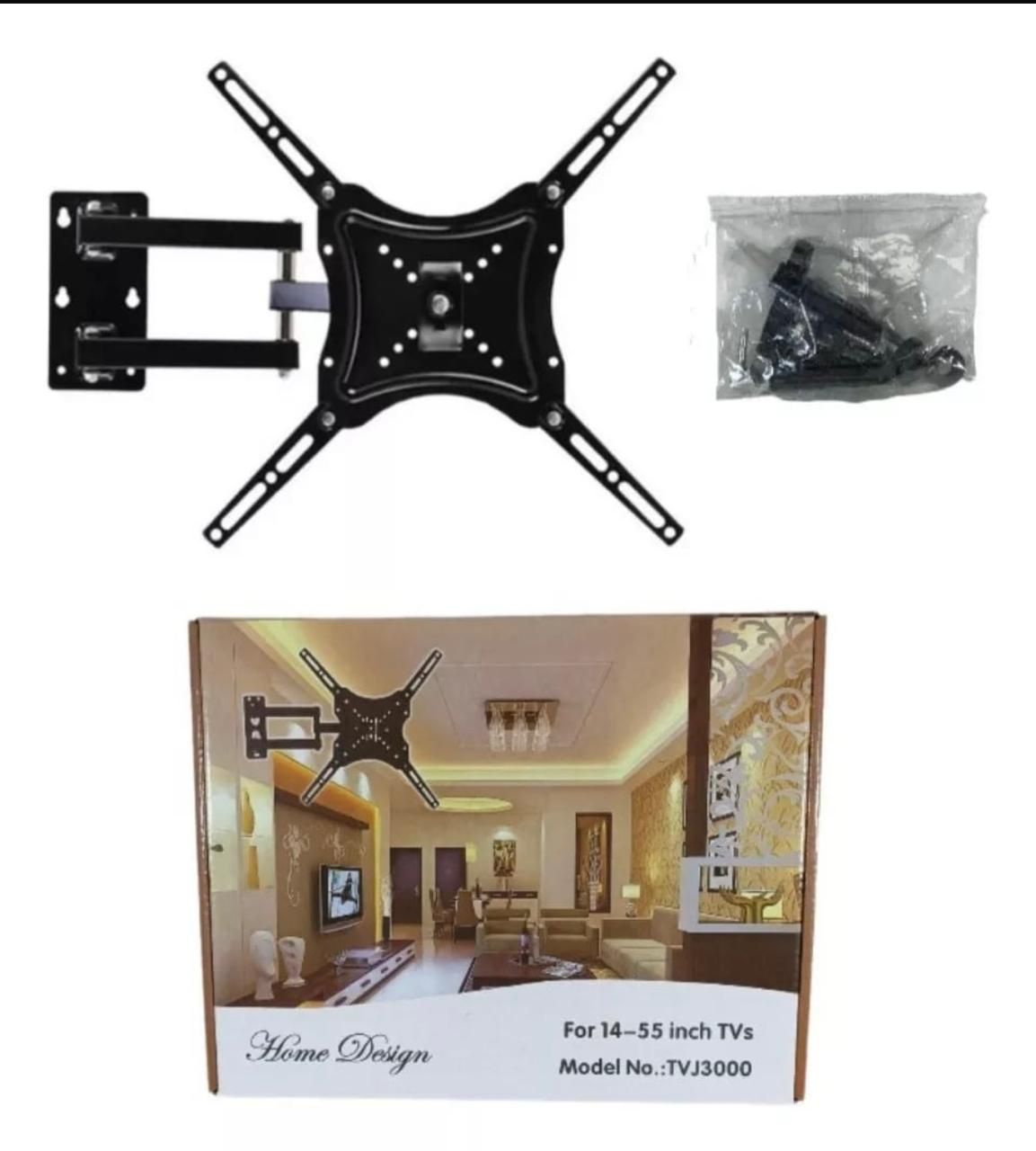 Soporte de pared para TV negro con herrajes y una caja que muestra el soporte instalado.