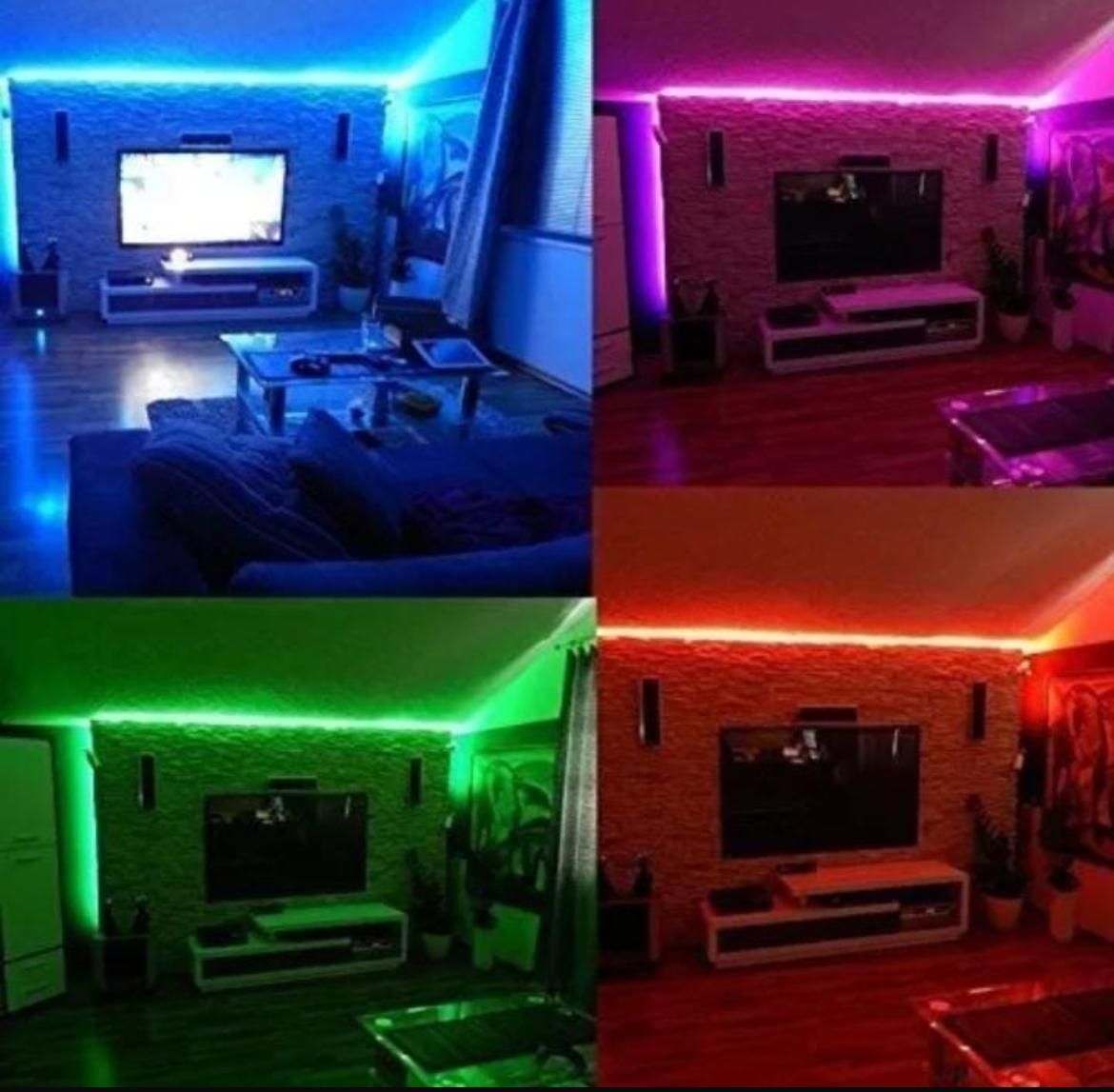 Tiras de luces LED RGB con mando a distancia, fuente de alimentación, enrolladas en carretes.