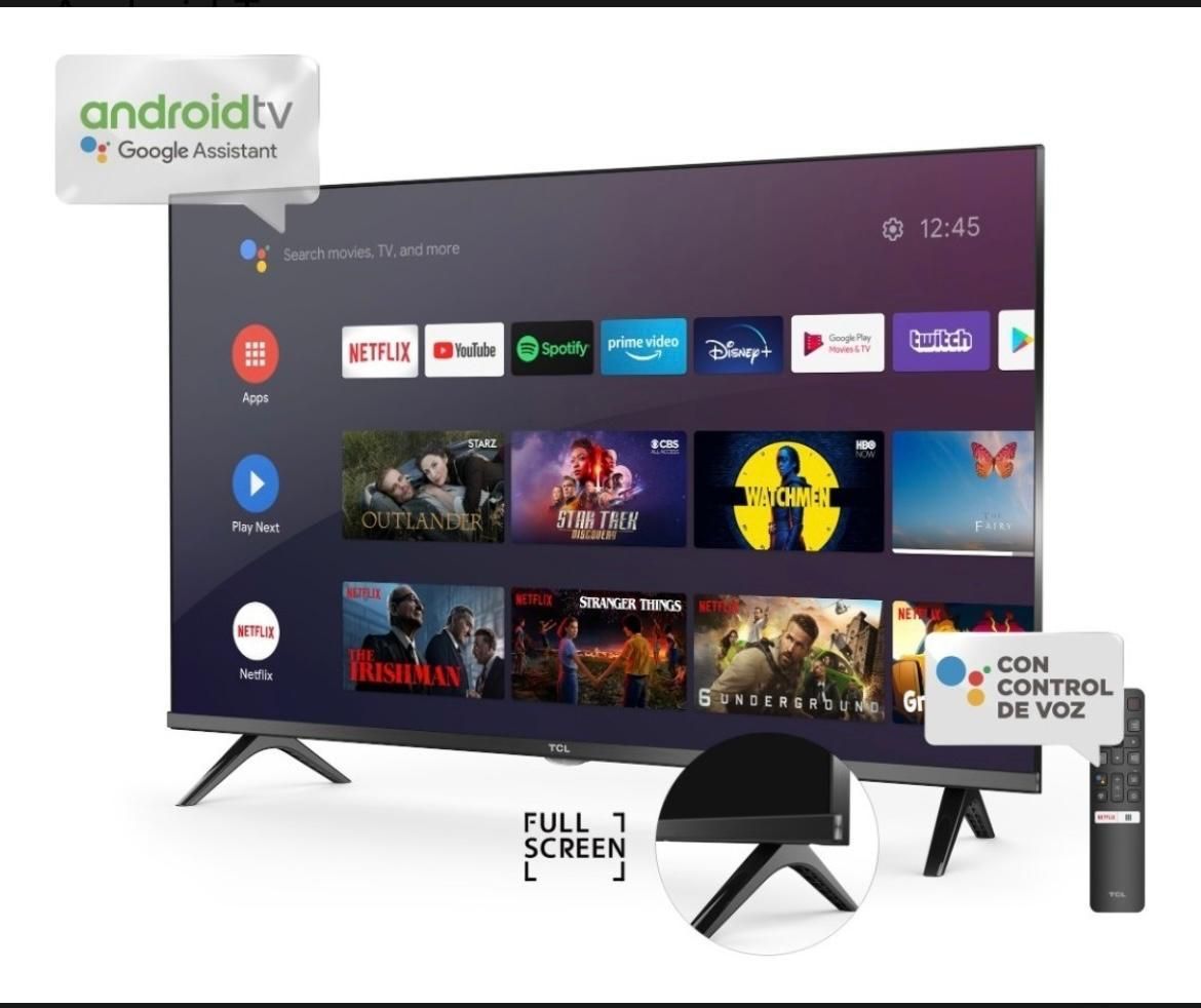TCL Android TV con control remoto. Marco negro. Aplicaciones de streaming en pantalla.